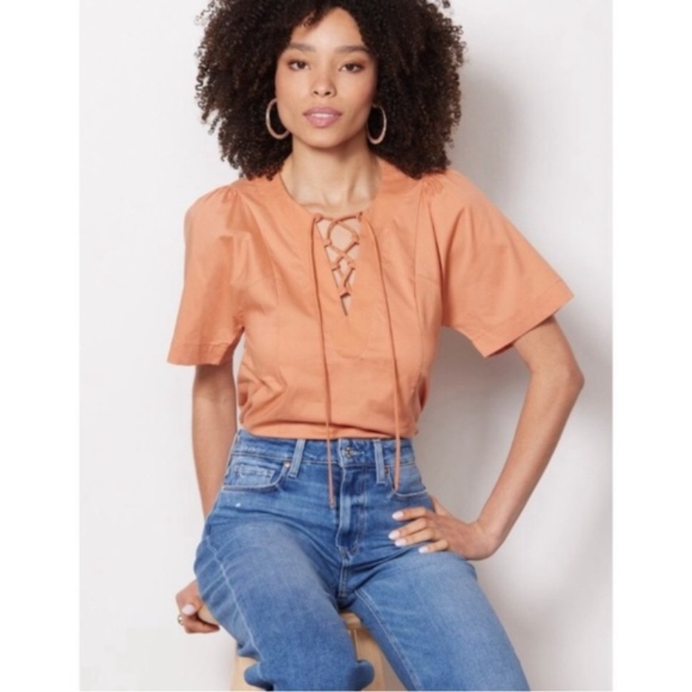 Evereve Allie cotton poplin top peach Short Sleeve Cropped V-Neck Boho Blouse S